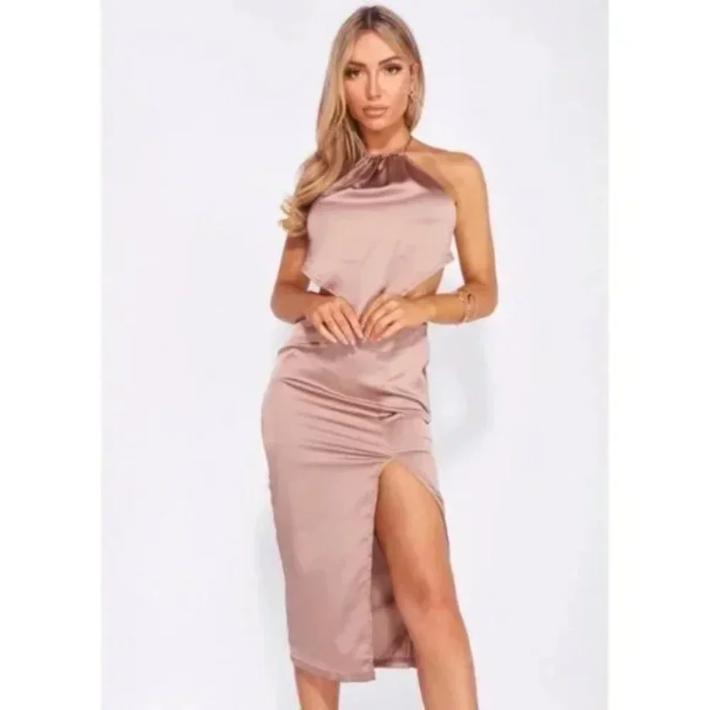 Nude Satin Halter Neck Backless Handkerchief Top and Front Silt Midi Skirt Set - Picture 5 of 17
